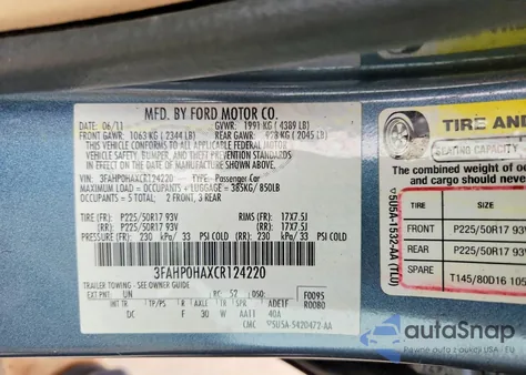 2012 Ford Fusion Se z USA, uszkodzony, nr VIN 3FAHP0HAXCR124220